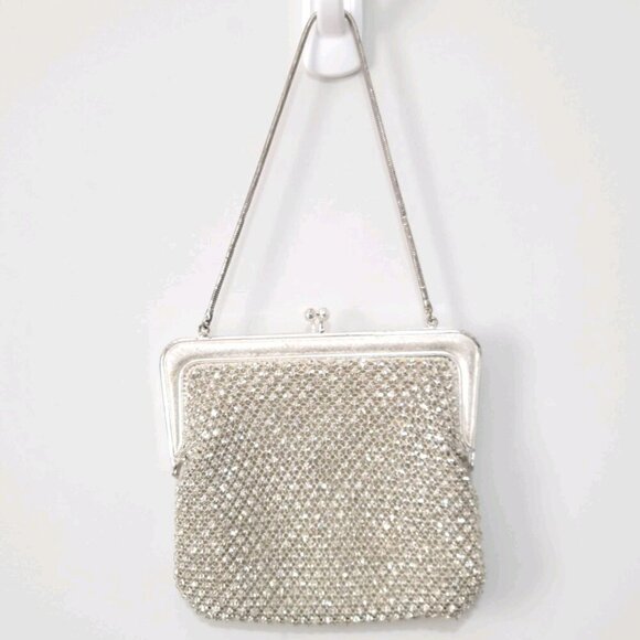 Vintage Formal Evening Bag Silver Rhinestones Kiss Lock Chain - Picture 3 of 6